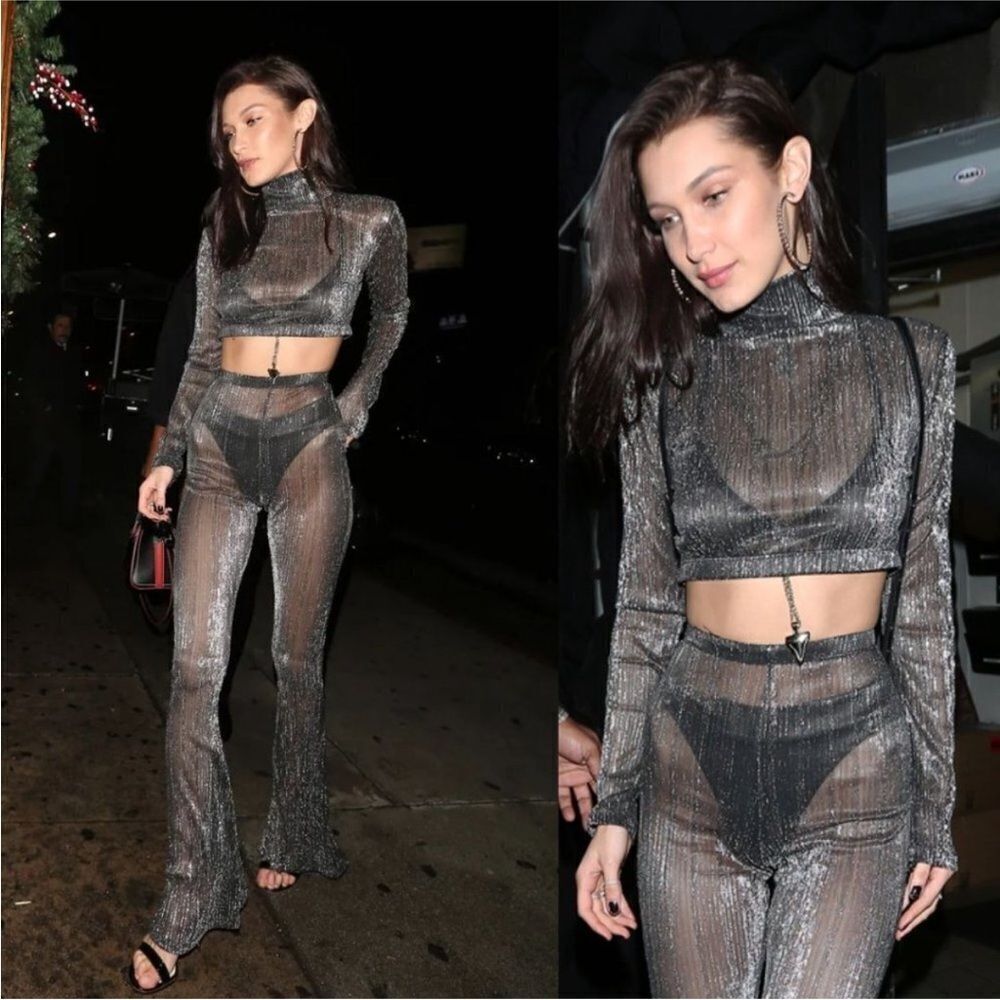 House of CB Tamara Crop Top Alexandra Flare Pants Silver Lurex Matching Set